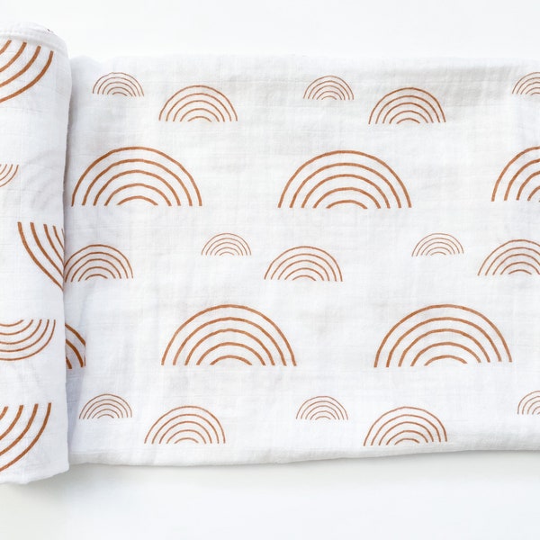 Caramel Brown & White Rainbow Muslin Swaddle Blanket, Brown Rainbow Blanket, Rainbow Swaddle, Newborn Swaddle, gender neutral swaddle