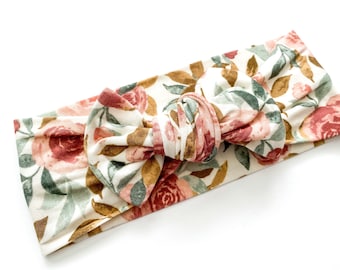 Dusty Pink Floral Top Knot Knotted Bow Stretch Knit Head Wrap, baby head wrap, baby bow, tie on head wrap