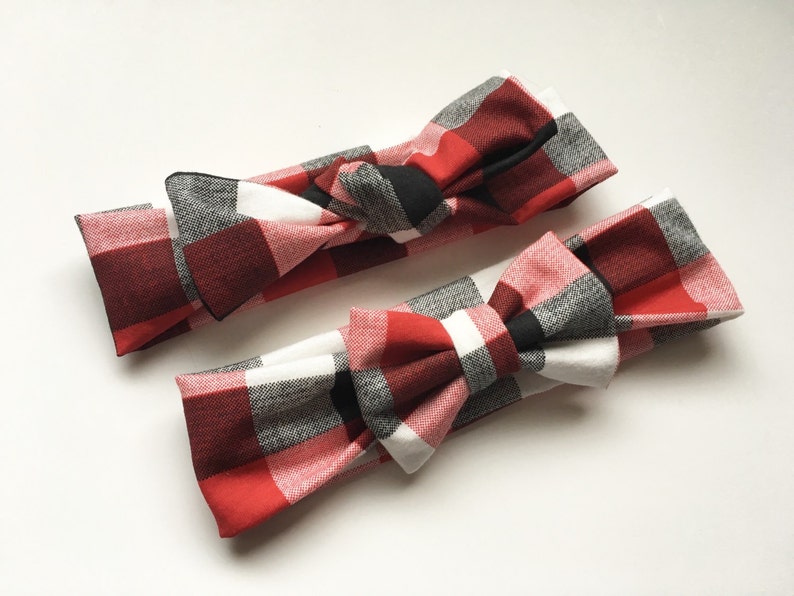 Buffalo Plaid Red Black White Stretch Knit Hair Bow or Knotted Top Knot Headband Head Wrap Newborn Baby Girls Adult