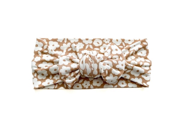 Mocha Ditsy Floral Baby Top Knot Knotted Bow Stretch Knit Head Wrap Headband, Bow Knot, Mocha Floral bow headband