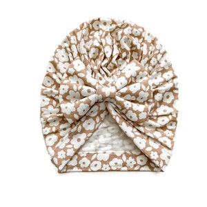 Mocha Ditsy Floral Bow Turban, floral bow hat, Floral baby hat, baby turban, floral baby turban, baby bow hat, floral newborn turban
