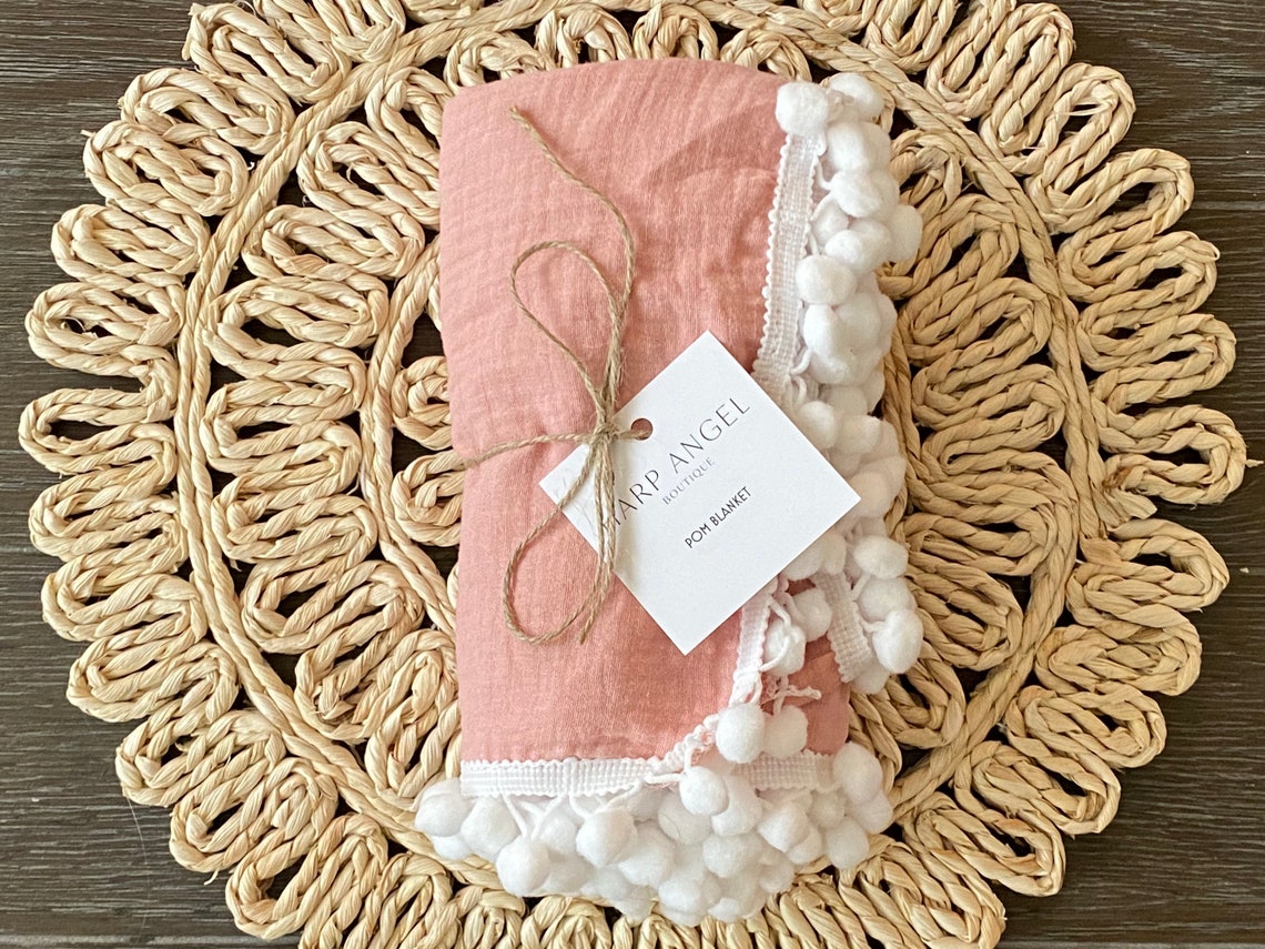 Dusty Rose Pom Muslin Swaddle Blanket Dusty Pink Pom Blanket Etsy