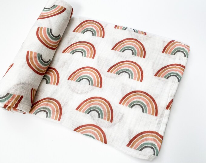 Neutral Rainbow Muslin Swaddle Blanket Newborn Swaddle Etsy