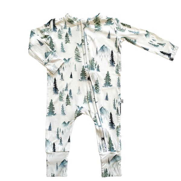 Green Forest Romper, Forest Green zipper, Forest pajamas, baby one piece, baby pajamas, bamboo baby outfit, bamboo jammies