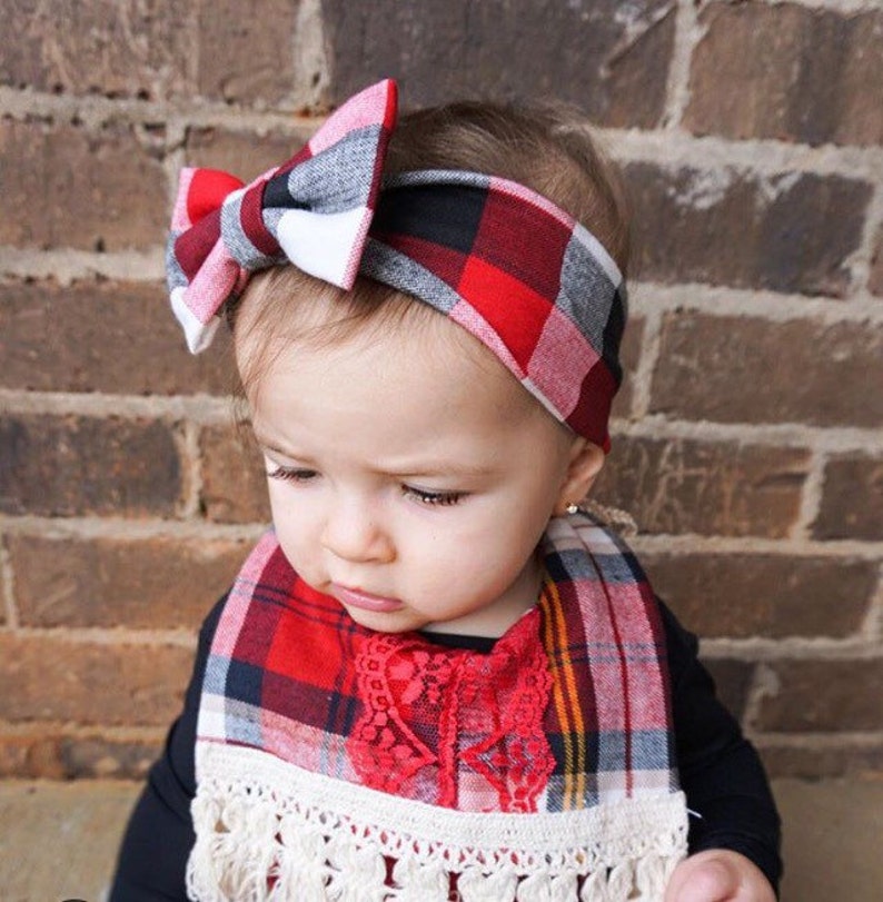 Buffalo Plaid Red Black White Stretch Knit Hair Bow or Knotted Top Knot Headband Head Wrap Newborn Baby Girls Adult