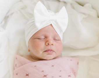 Turbante de lazo blanco roto para niña, gorro de lazo blanco, gorro blanco para bebé, turbante para bebé, turbante blanco para bebé, gorro de lazo blanco para bebé, turbante blanco para recién nacido