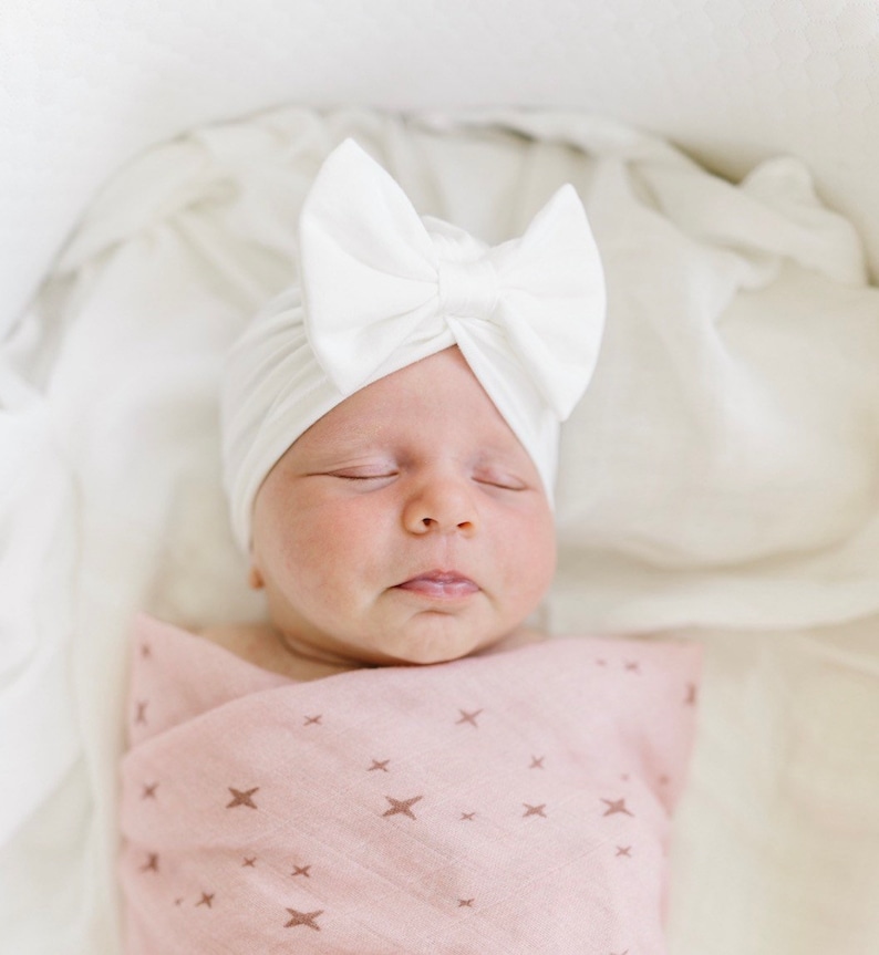 Baby Girl Off White Bow Turban, white bow hat, white baby hat, baby turban, white baby turban, white baby bow hat, white newborn turban image 1