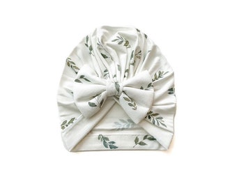 Turbante con fiocco a foglie verdi, cappello con fiocco a foglie verdi, cappello per neonato, turbante per neonato, turbante per neonato con foglie verdi, cappello con fiocco per neonato, turbante per neonato