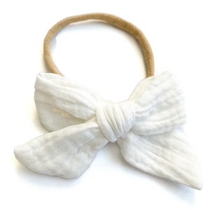 White Bow Headband, white baby bow, hand tied bow