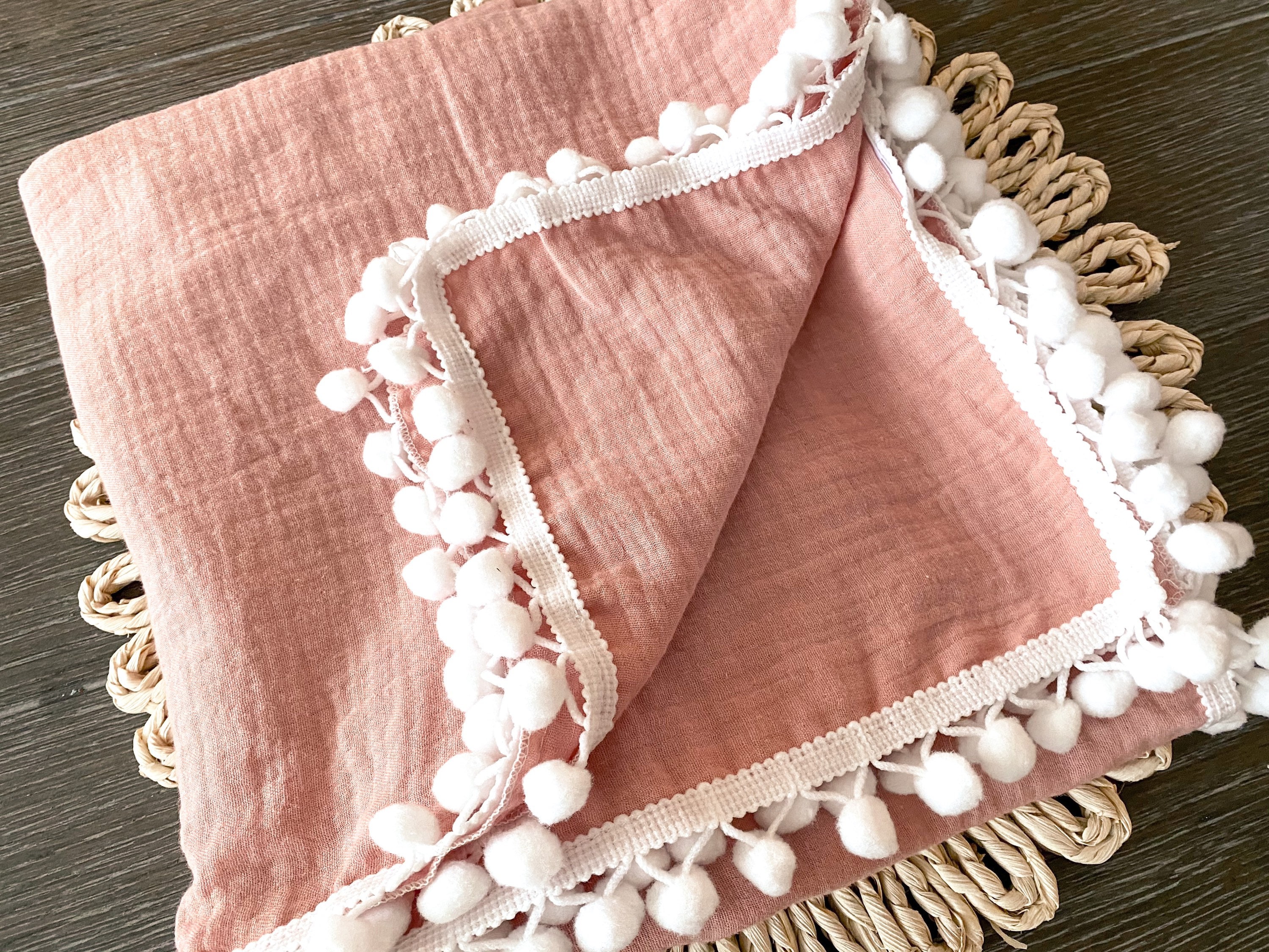 Dusty Rose Pom Muslin Swaddle Blanket Dusty Pink Pom Blanket Etsy