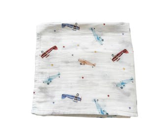 Vintage Airplane Muslin Swaddle Blanket, Newborn Swaddle, Airplane Swaddle, Bamboo Swaddle