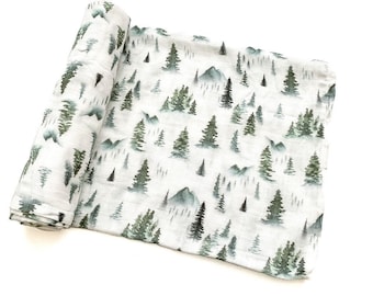 Forest Green Muslin Swaddle Blanket, Green Tree swaddle Blanket, tree Swaddle, Newborn Swaddle, bamboo swaddle