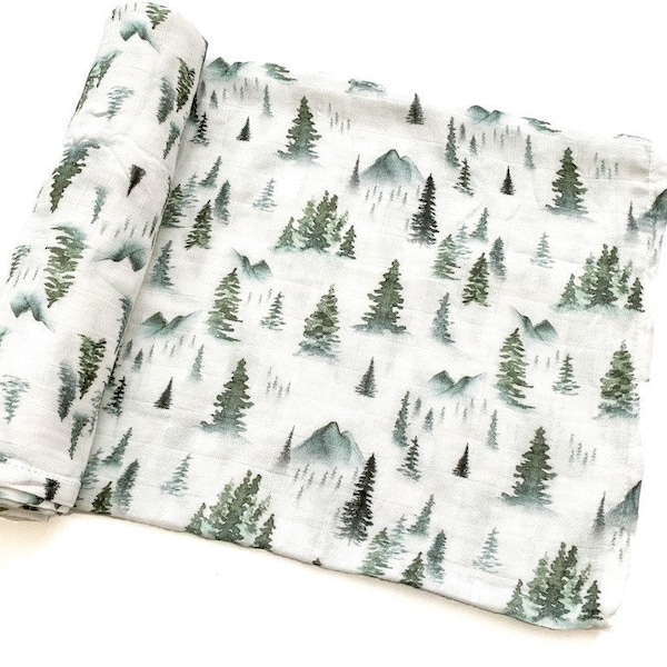 Forest Green Muslin Swaddle Blanket, Green Tree swaddle Blanket, tree Swaddle, Newborn Swaddle, bamboo swaddle