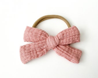 Dusty Rose Bow Headband, pink baby bow, hand tied bow