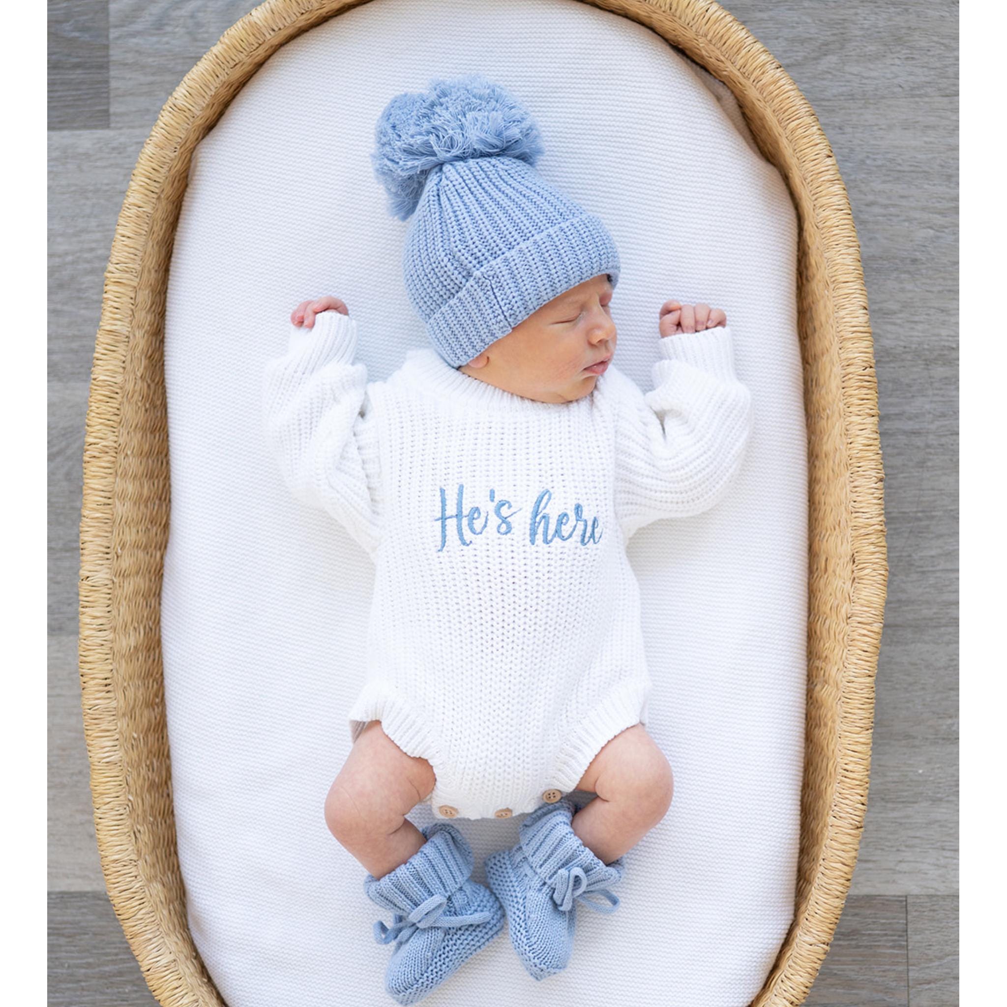 He's Here Outfit, Newborn Baby Boy Romper, Sweater Romper, Newborn Coming Home Outfit, Baby Boy Sweater Romper, Baby Announcement outfit