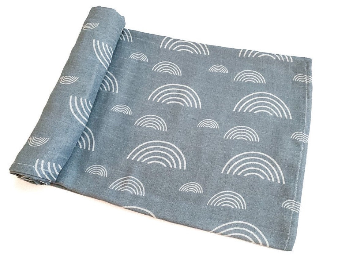 Dusty Blue Rainbow Muslin Swaddle Blanket Dusty Blue Rainbow Etsy