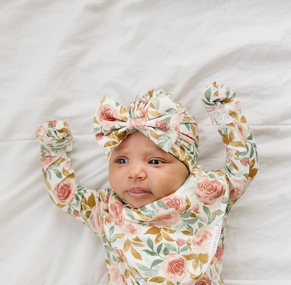 Dusty Pink Floral Baby Knot Gown Floral Baby Gown Baby Girl Knot Gown Baby Knotted Gown Etsy