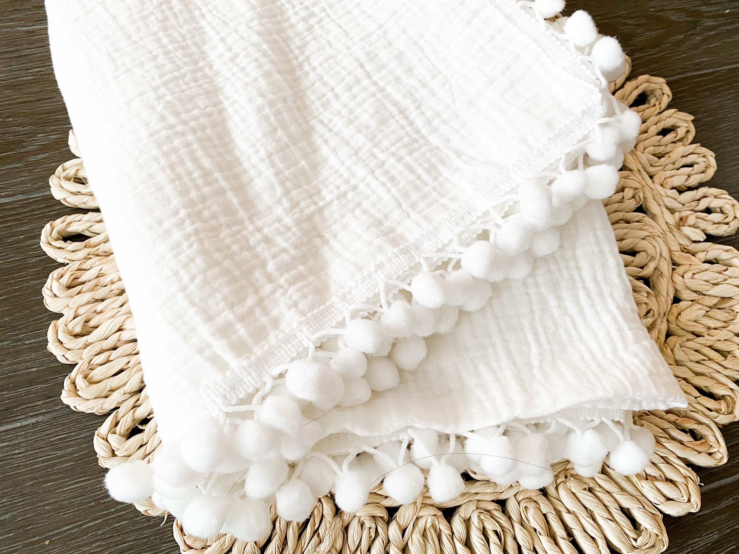 White Pom Muslin Swaddle Blanket White Pom Blanket White Pom Etsy