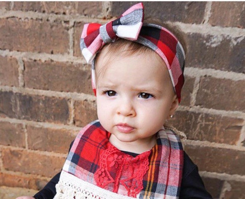 Buffalo Plaid Red Black White Stretch Knit Hair Bow or Knotted Top Knot Headband Head Wrap Newborn Baby Girls Adult