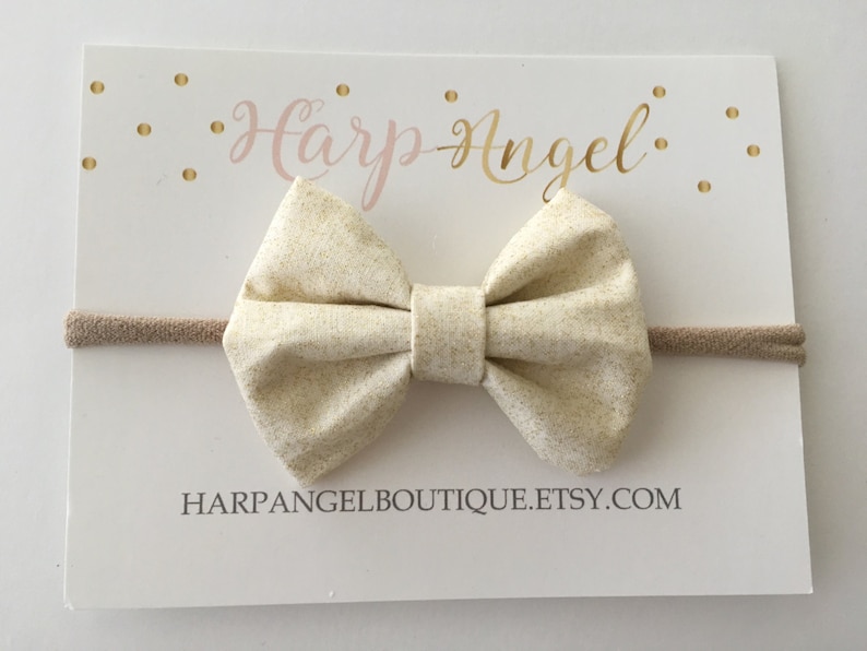 Cream /& Gold Shimmer Fabric Hair Bow Nylon One Size Headband or Clip Newborn Baby Toddler Girls Bow