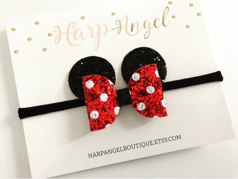 Red /& White Polka Dot Glitter Bow Headband Baby Girls Toddler Adult Minnie Mouse Bow Minnie Headband Disneyland