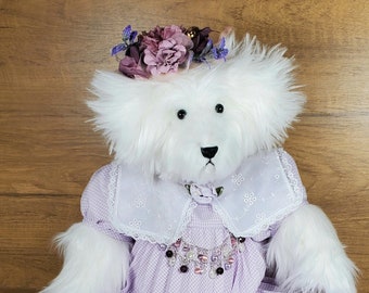 White Teddy Bear | Jointed Teddy Bear | Stuffed Teddy Bear | Lavender Dress | Personalized Teddy Bear | OOAK Teddy Bear