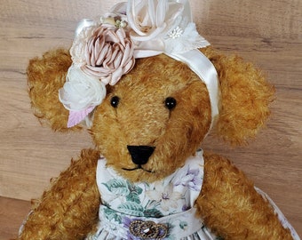 OOAK Mohair Teddy Bear: Jointed Gold Bear with vintage style Dress