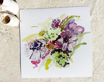 Purple Garden Watercolor Print, 10x10 Floral Botanical Wall Art Gift