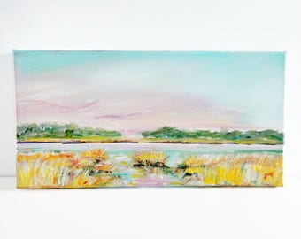 Pink Golden Marsh Painting, 16x8 Original Acrylic | Pastel Lowcountry Coastal Landscape Art