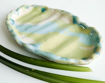 Marbled Ceramic Soap Dish – Blue Green Shoreline Stoneware Jewelry Tray