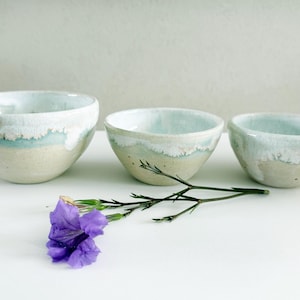 May include: Three ceramic bowls of varying sizes arranged in a row, featuring a speckled cream base and a glazed light blue and white rim. A single purple flower with a green stem lies horizontally in front of the bowls.