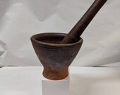 Vintage Clay Pottery Mortar and Wood Pestle