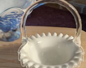 Vintage Fenton Milk Glass with Clear Glass Handle Silvercrest Ruffed Edge Candy Dish
