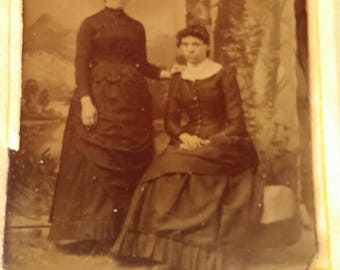 Tintype two Women Standing and Sitting by Trees with Mountains and River in Background