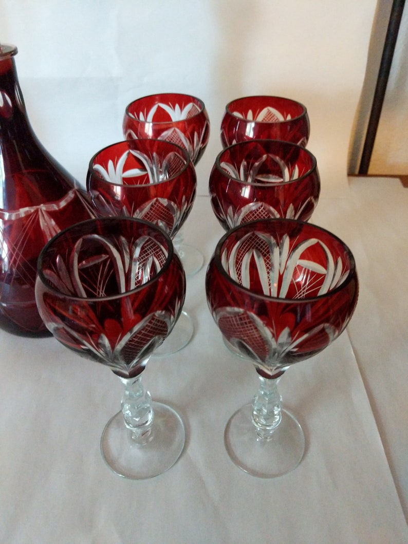 Vintage Ruby Red Glass Cut to Clear Crystal Decanter with 6 Etsy