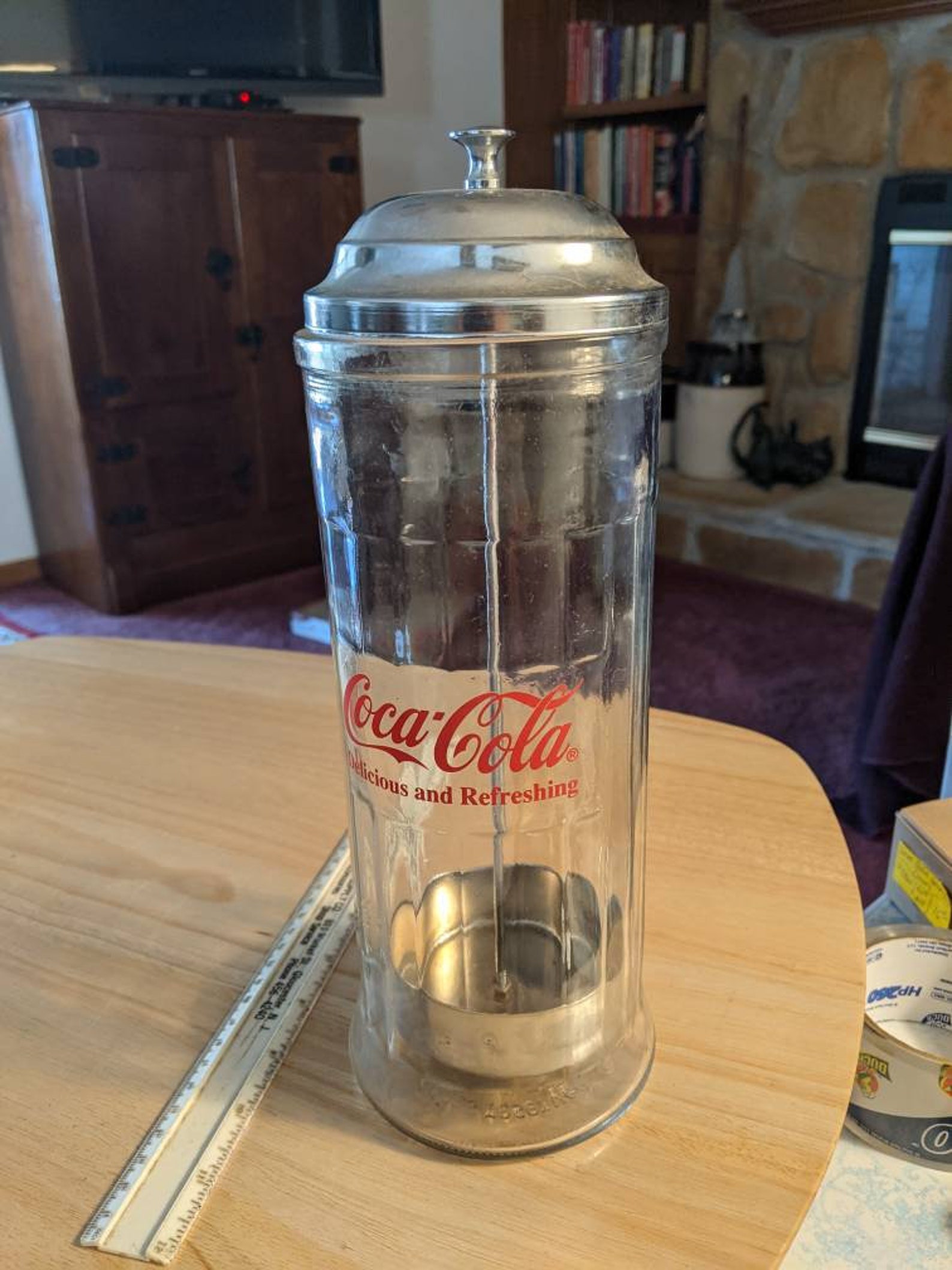 Vintage Coca Cola Glass Straw Dispenser Canister Chrome Lid Etsy