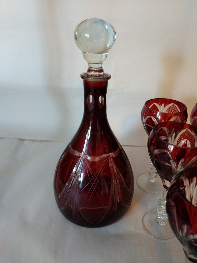 Vintage Ruby Red Glass Cut to Clear Crystal Decanter with 6 Etsy