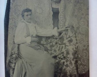 Antique Tintype Two Women Friends or Sisters with One Peeking From Behind Curtains.