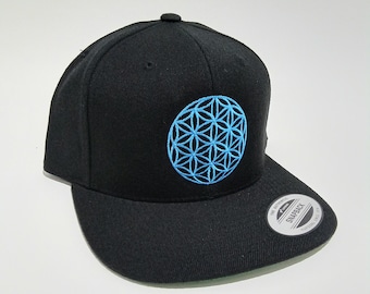 Flower Of Life Hat, Sacred Geometry Hat, Tree Of Life, Spiritual Symbol, Black Hat, Snapback Hat, 3D Embroidery, Ball Cap, Yupoong, Blue