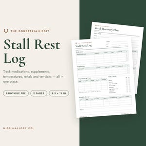 May include: A two-page printable Stall Rest Log by The Equestrian Edit. The document features sections for medications, supplements, temperatures, vitals, daily checks, and rehab therapy. It measures 8.5 by 11 inches and includes a Vet & Recovery Plan.