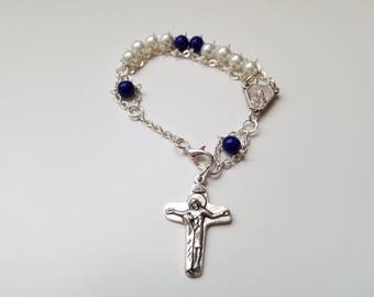 Dark Blue and Pearl Glass Rosary Bracelet