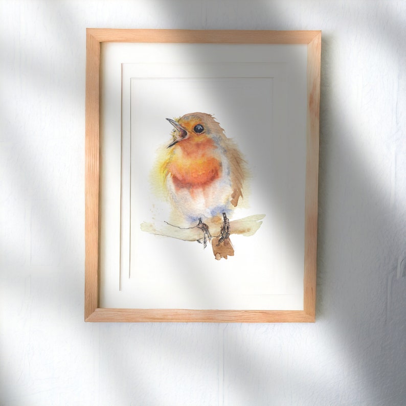 May include: A watercolour painting of a robin perched on a branch, singing with its beak open. The bird is painted in shades of orange, red, and brown, with a white chest and a yellow background.