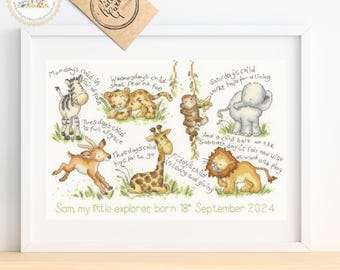 Jungle Nursery Cross Stitch Kit, Monday's Child Sampler, Baby Gift