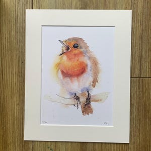 May include: A watercolour painting of a robin perched on a branch. The robin is singing with its mouth open and has a bright red breast. The painting is signed "K.G." and numbered "5/50".