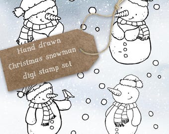 Hand Drawn Snowman Clipart, Christmas Scene Digi Stamp (Digital Download)