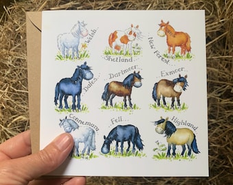 Pony Breeds Watercolor Greeting Card – Equestrian Birthday Gift