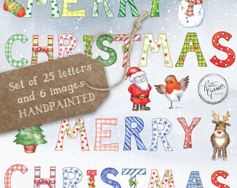 Hand-Painted Christmas Clipart, Watercolour Lettering and Images (Digital Download)