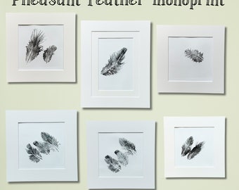 Pheasant feather monoprint in black ink, wall art, delicate print, unique art