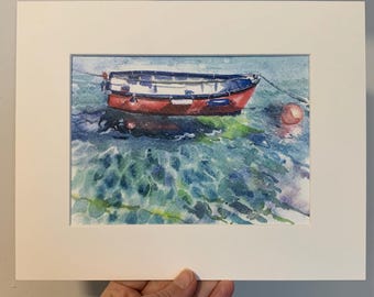 Boat in Coverack Harbour Watercolour Print by Kate Garrett | Cornish Coast Giclée Art | Mounted 10x8” | British Coastal Print