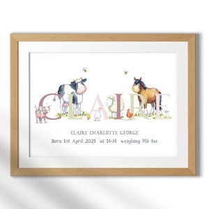 Name auf dem Bauernhof Druck personalisiert, Baby Geschenk mit Geburtsdetails, Kinder Namen Bild mit meiner eigenen Aquarell Illustration, gratis Geschenk